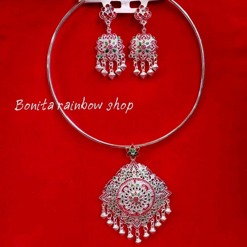 สร้อยคอพร้อมต่างหูแบบห่วง เครื่องประดับชุดไทย สีเงินขาวลงยา WW008