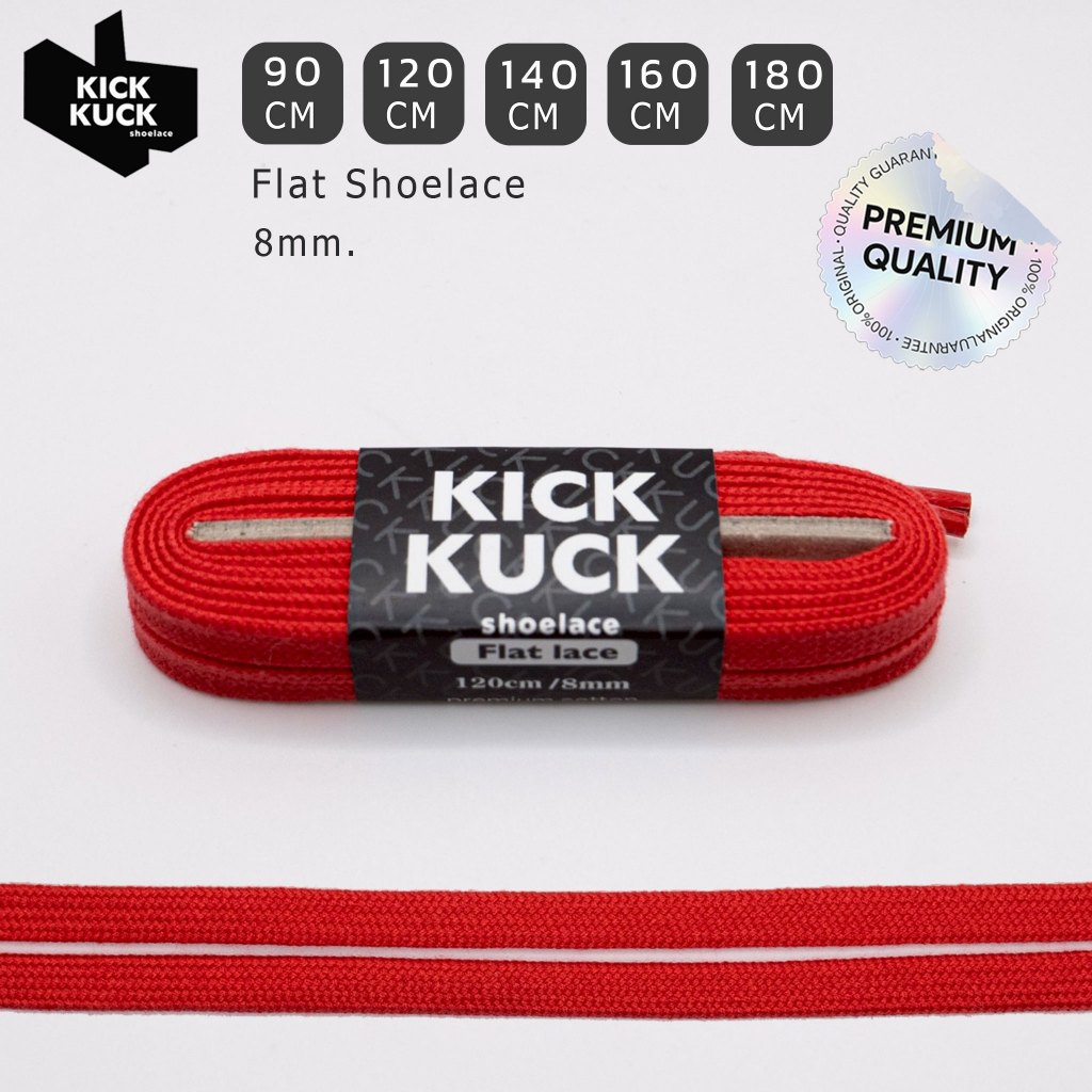 (หนา2ชั้น ไม่บาง พรีเมี่ยม) KICKKUCK (คิกคัก) เชือกรองเท้าสีแดง (RED) (แบบแบน)FLAT ความยาว90,120.140,160,180cm.