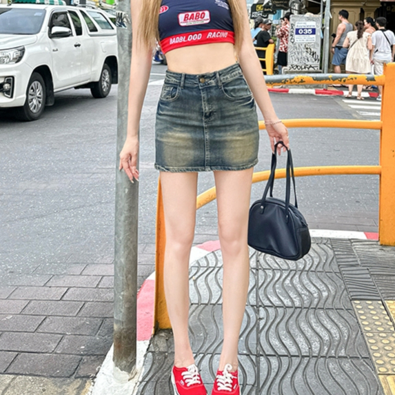 beautified กระโปรงยีนส์ยืดงานปักตรงกระเป๋า ผ้ายืดเก็บสะโพก ส่งไวจากไทย V85