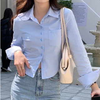 S-2XL เสื้อเชิ้ตแขนยาว เว้าเอว งานรัดรูป เสื้อแฟชั่นเกาหลี ผ้าคัตตอล