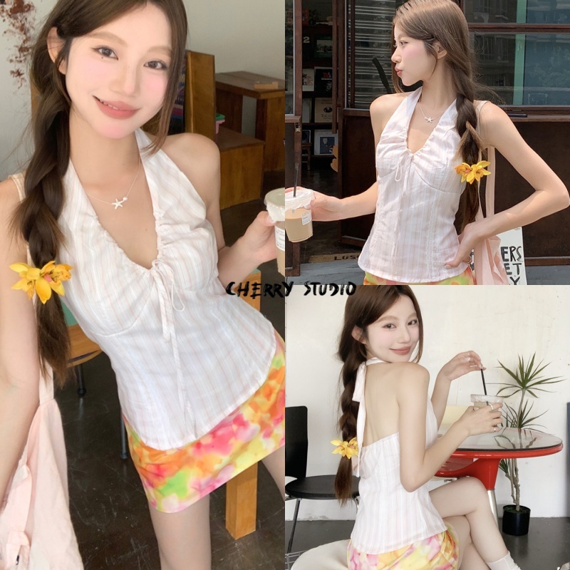 Cherryพร้อมส่ง💗เสื้อสายเดี่ยวคล้องคอ ผ้าลายลินิน คอวี  ใส่แล้วหุ่นสวยผูกโบว์หลังเสื้อคอรอปทรงเข้าร ลําลอง สําหรับผู้หญิง