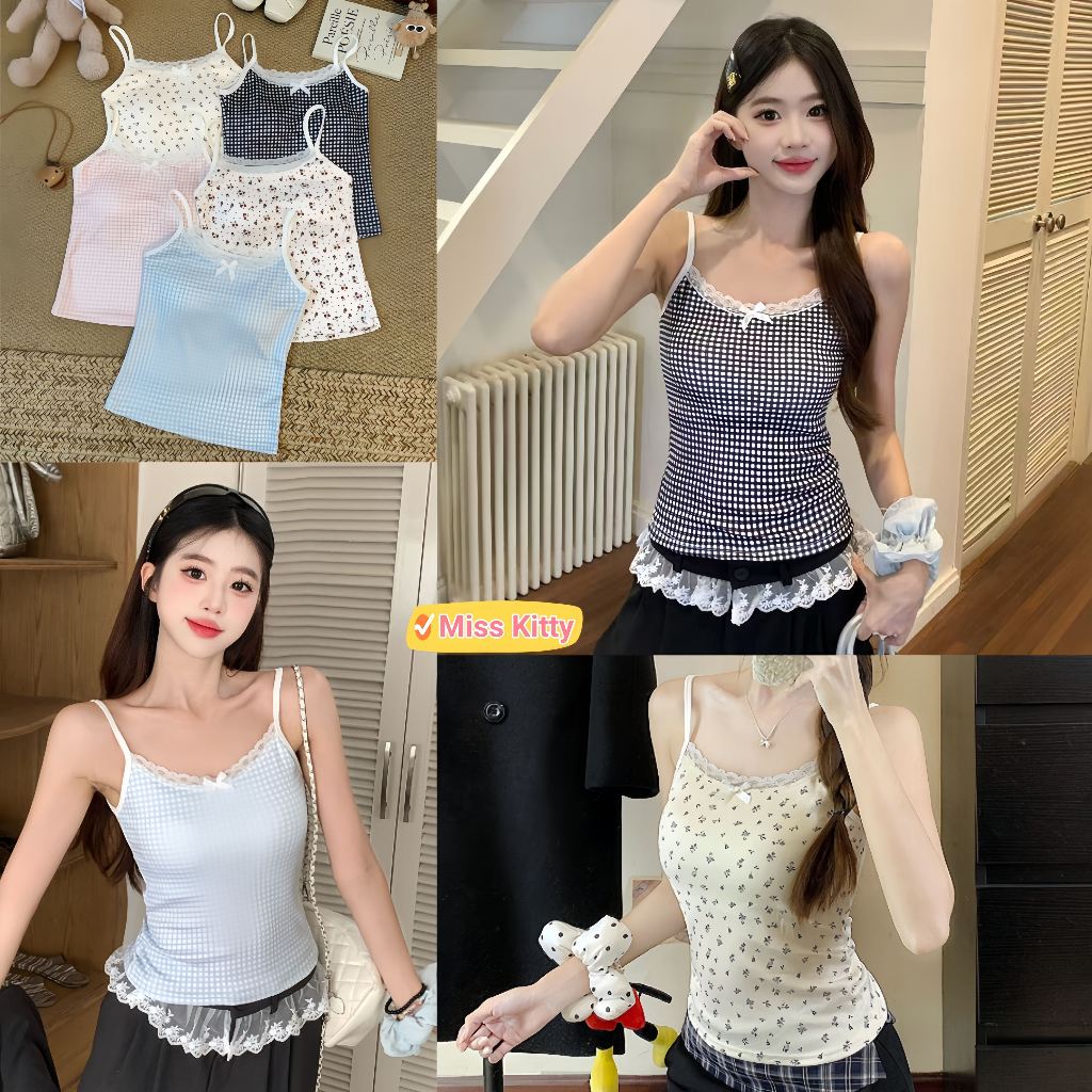 พร้อมส่ง สายเดี่ยว มีฟองน้ำ การตกแต่งโบว์ เซ็กซี่ สไตล์เกาหลี เข้ารูป "FY1931"🎀Miss Kitty❤️