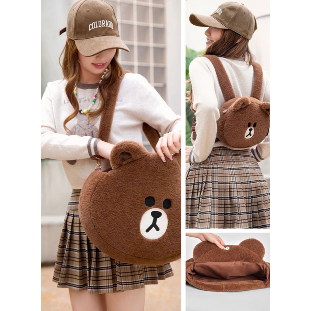 Line​ Friends​ กระเป๋า​สะพายข้าง​ / กระเป๋า​เป้ ลาย​ Brown​ / Cony​ ขนนุ่ม​ น่ารัก