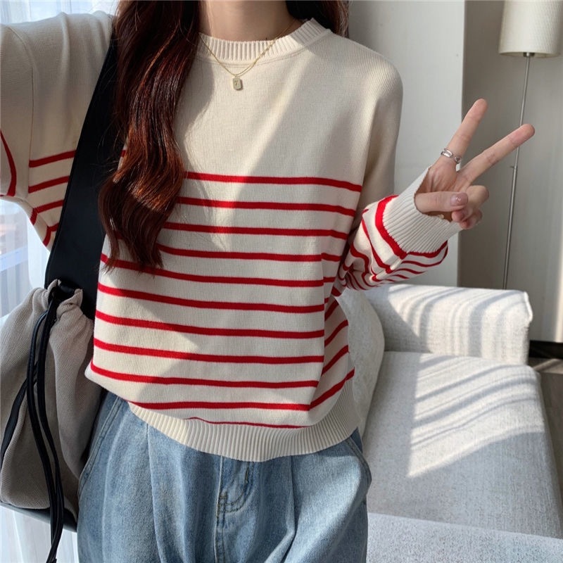 เสื้อสวมหัวแขนยาวถักคอกลมลายทางสไตล์เกาหลีสำหรับผู้หญิง
