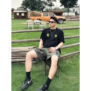 (ผ้าฝ้าย 100%)Luvoro oversize unisex เนื้อผ้านุ่มระบายแขนสั้น T-shirt สีดำและสีขาว เสื้อยืดทูโทน เสื้อยืดแขนสั้น C1403