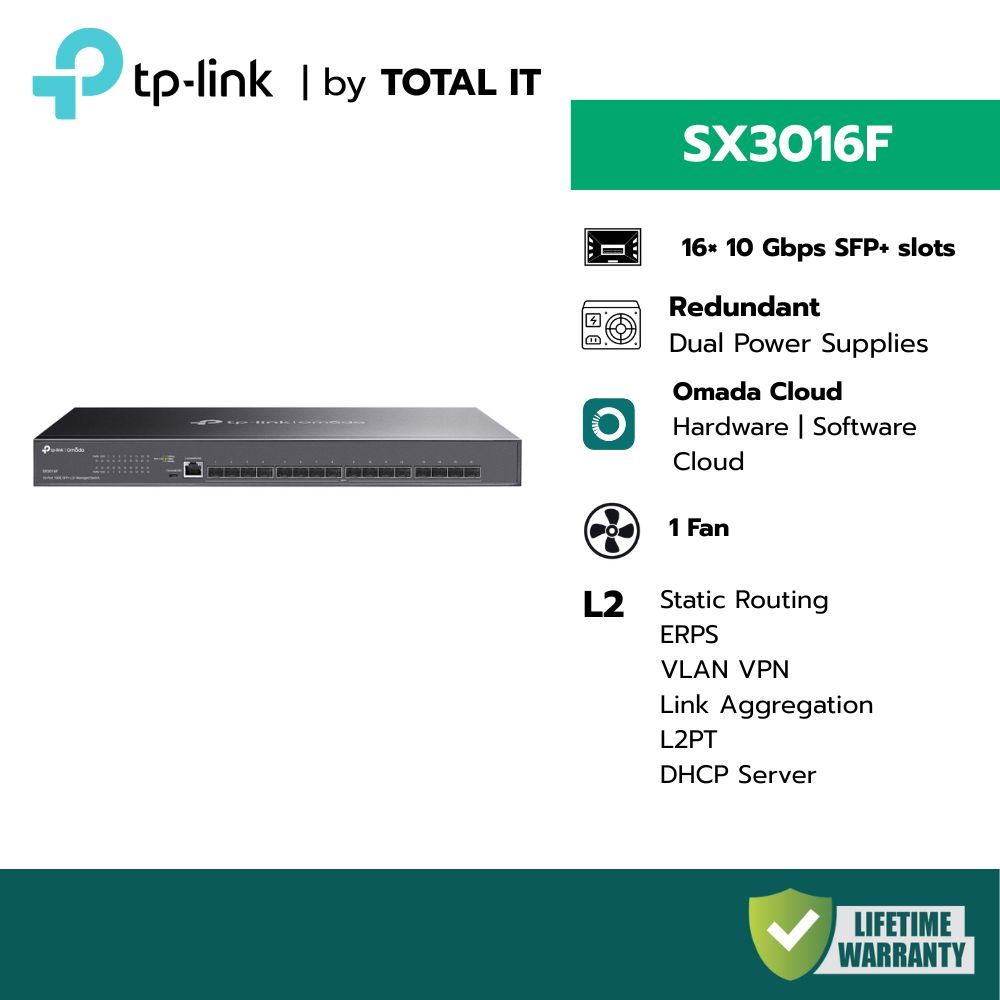 TP-Link Omada SX3016F | สวิตช์ไฟเบอร์ 10G 16 พอร์ต SFP+ พร้อมแหล่งจ่ายไฟคู่ (Dual Power) ประกันศูนย์