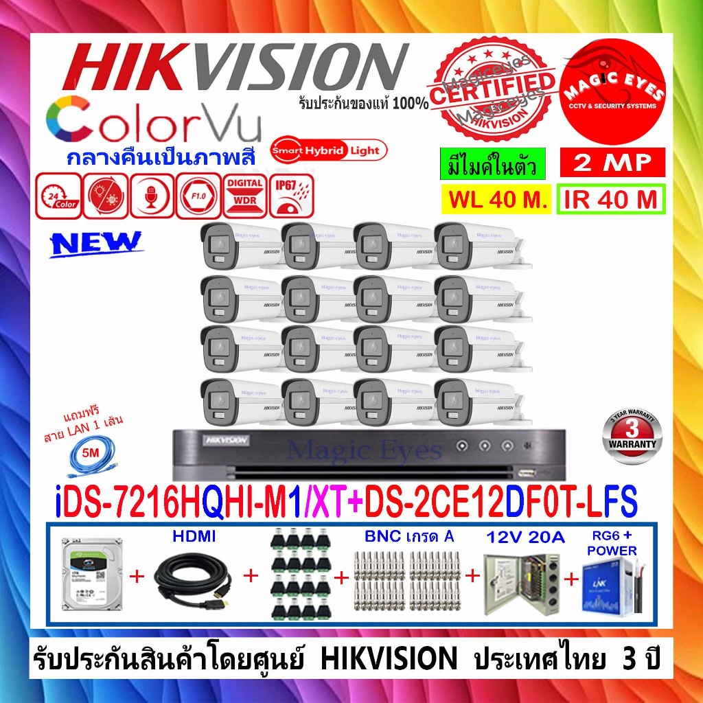 HIKVISION COLORVU 2MP รุ่น DS-2CE12DF0T-LFS 2.8/3.6(16)+DVR iDS-7216HQHI-M1/XT(1)+1TB//2TB//4TB H2SJ