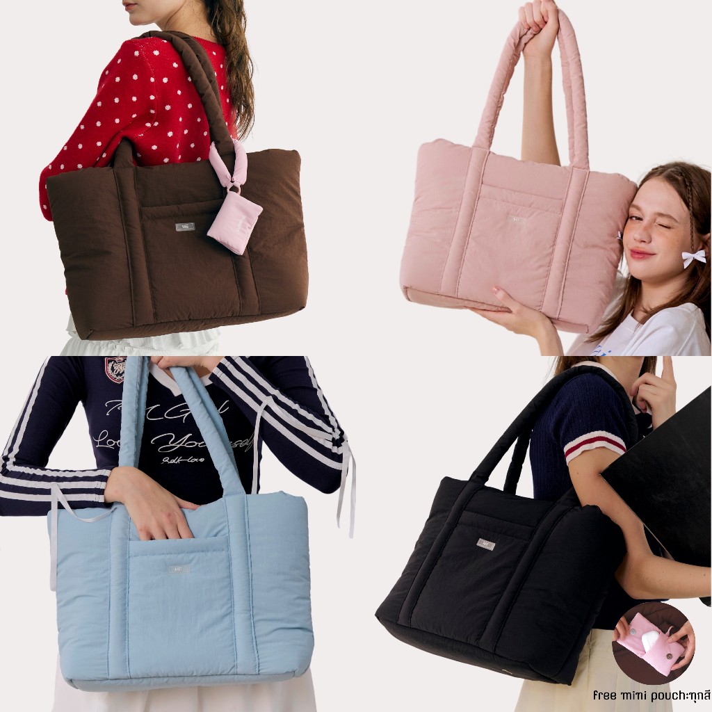 A DAY PUFFY TOTE BAG 🌈 กระเป๋านุ่มนิ่มไซค์ใหญ่ “กันน้ำ”  รองรับโน๊ตบุ้ค15นิ้ว (ฟรีพวงกุญแจ mini pouch)
