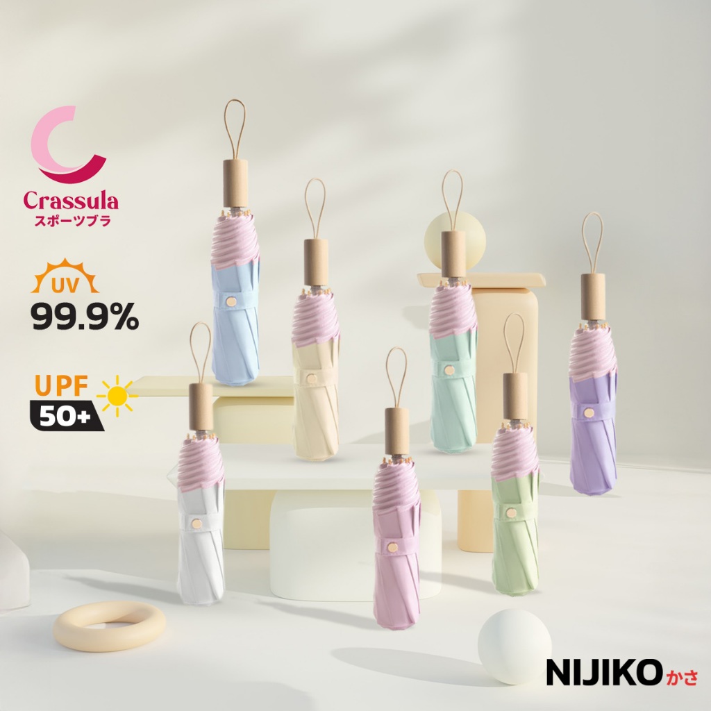 ร่มกันแดดกันฝน NIJIKO ร่มพับ 3 ตอน ด้ามไม้ ป้องกัน UV99.8% UPF 50+ ช่วยสะท้อนแสงแดด
