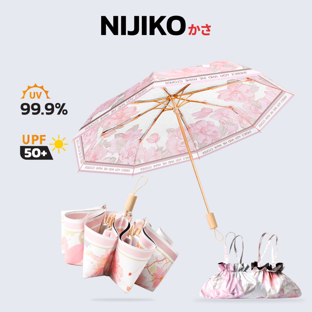 NIJIKO ร่มพับ 3 ตอน โครง 8 ก้าน 2 ชั้น ลายดอกไม้ เคลือบสีดำ กันแดดและฝน ป้องกัน UV99.9% UPF 50+