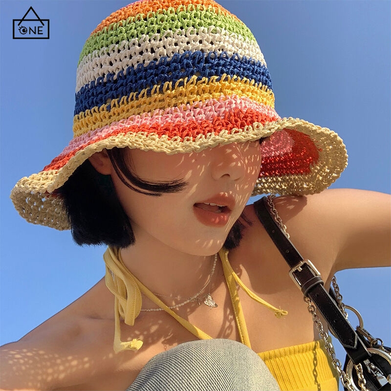 COD❤️หมวกฟางชายหาดหลากสีสไตล์รีสอร์ทแฟชั่นป้องกันรังสียูวีระบายอากาศหมวกกันแดดสำหรับกลางแจ้ง-a.one
