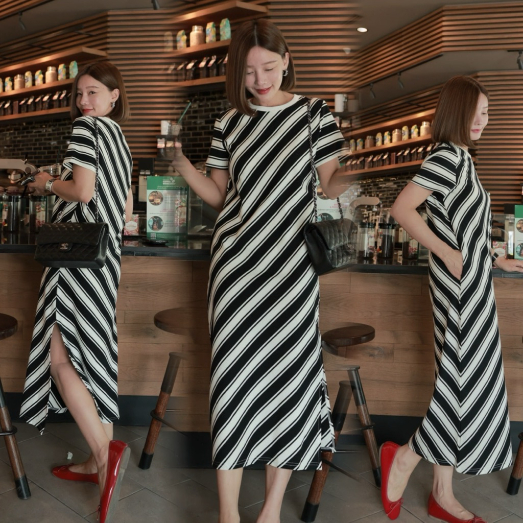 Password 6259 •เดรสผ้ายืดคอตตอนผ้าเป็นลายเส้นเฉียง APPLECLOSET