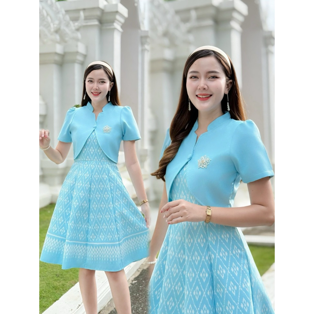 [S-5XL] N808 ชุดเดรสผ้าทอลาย แต่งกั๊ก คอจีน กระโปรงบาน 8 ชิ้น