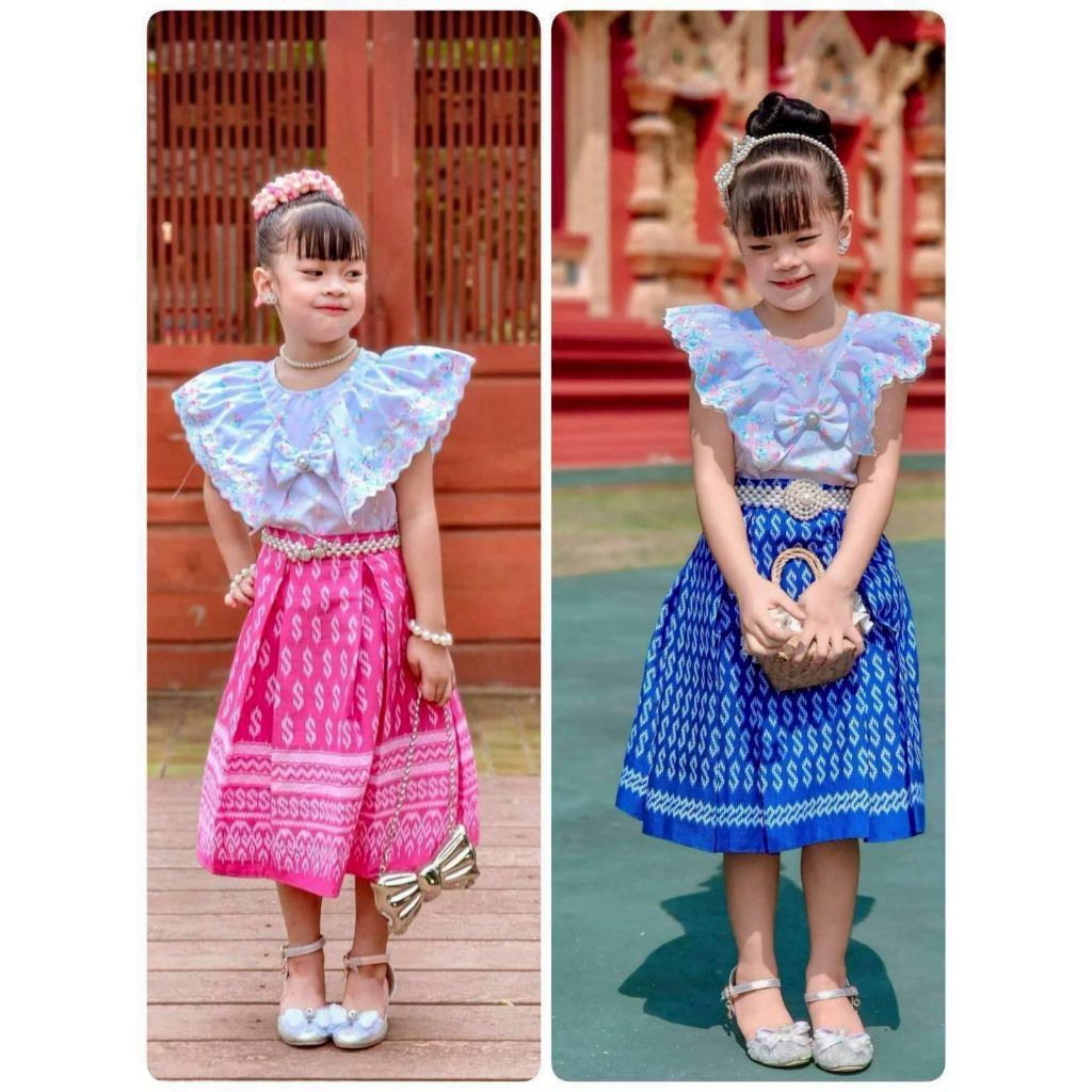 ชุดไทยเสื้อแต่งแขนระบายปักฉลุสีรุ้ง ตกแต่งโบว์ประดับมุก
