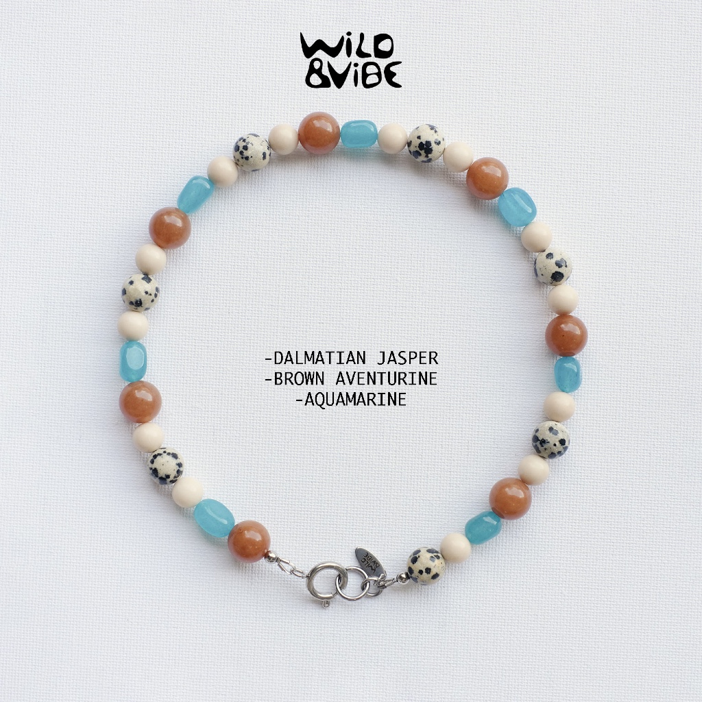 สร้อยลูกปัดหินแท้ผสมโทนฟ้าน้ำตาล– Dalmatian Jasper, Brown Aventurine, Aquamarine