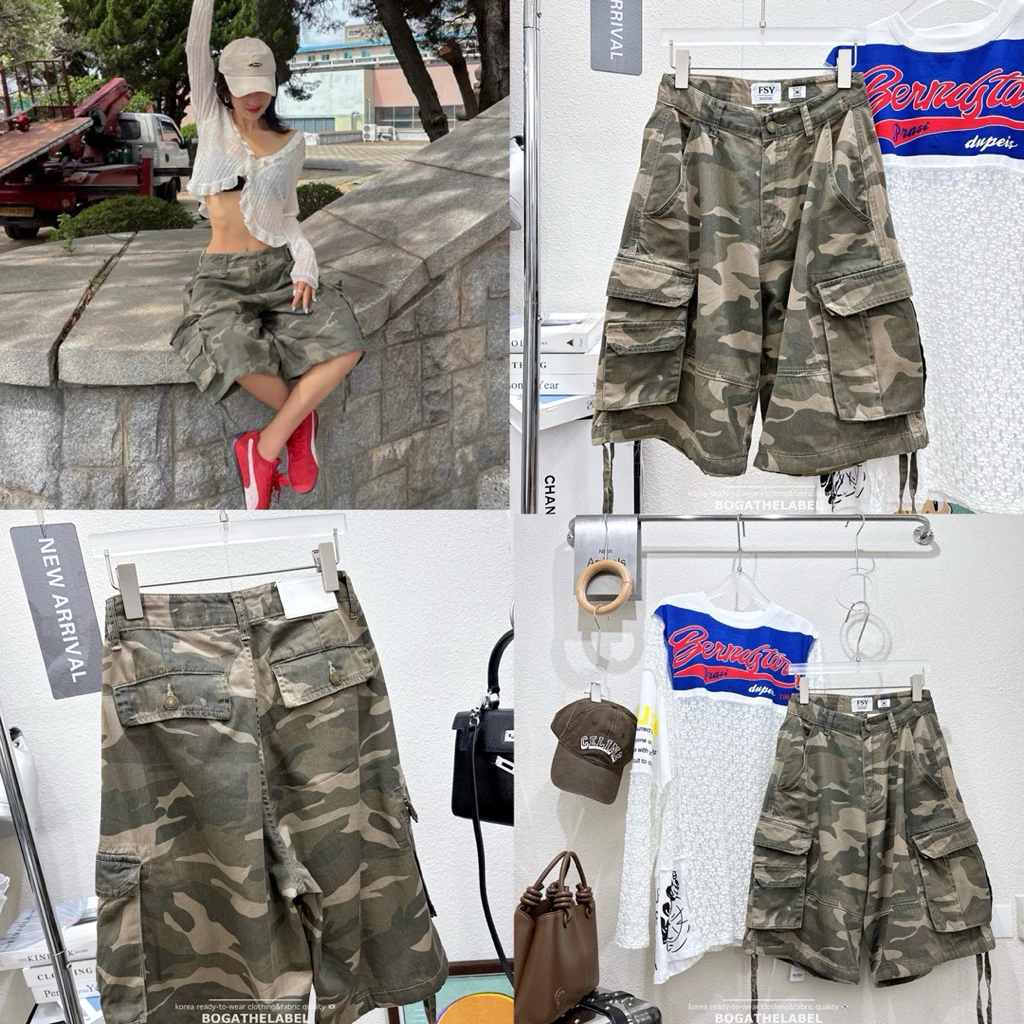 📍พร้อมส่ง📍61821# Vintage camo cargo shorts •🔥 กางเกงผ้ายีนส์บางลายทหาร เอวต่ำทรงคาร์โก้ แต่งกระเป๋าใหญ่
