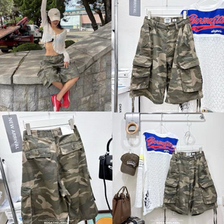 📍พร้อมส่ง📍61821# Vintage camo cargo shorts •🔥 กางเกงผ้ายีนส์บางลายทหาร เอวต่ำทรงคาร์โก้ แต่งกระเป๋าใหญ่