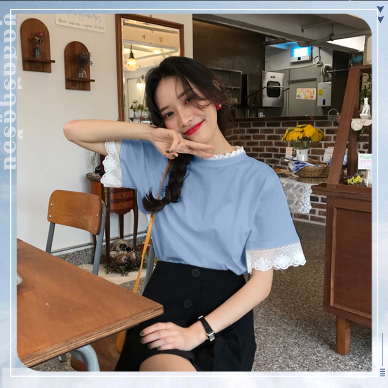 SUNDAY2020 ดีไซน์สากลทันสมัย! เสื้อสตรีคอตั้งแขนสั้นแนวตรง คอกลมเรียบหรู ลูกไม้เจาะรูตัดต่อเพิ่มลวดลายเอกลักษณ์