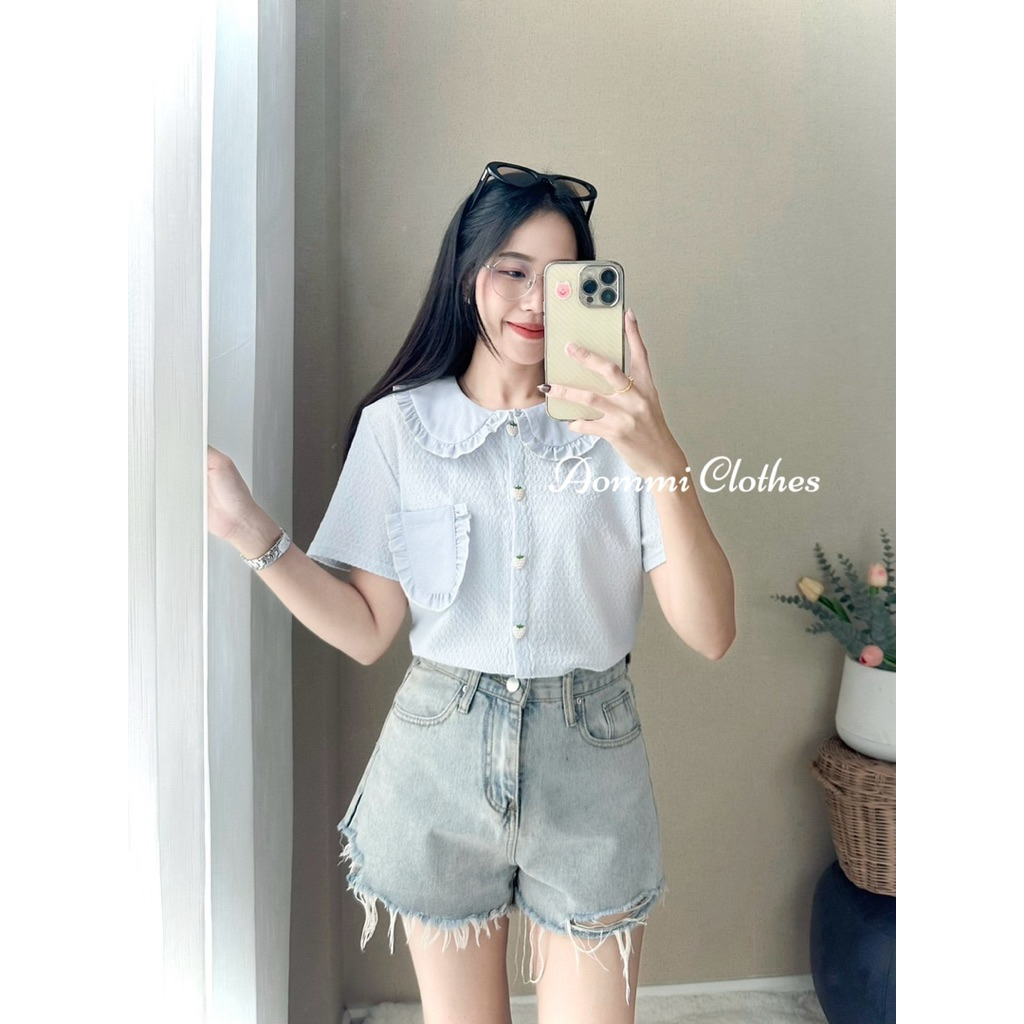 ⟢ 🥐🧀เสื้อเชิ้ตแขนสั้น กระดุมดอกไม้ กระเป๋าข้าง🥐🧀 ᐧ༚̮ᐧ ✿
