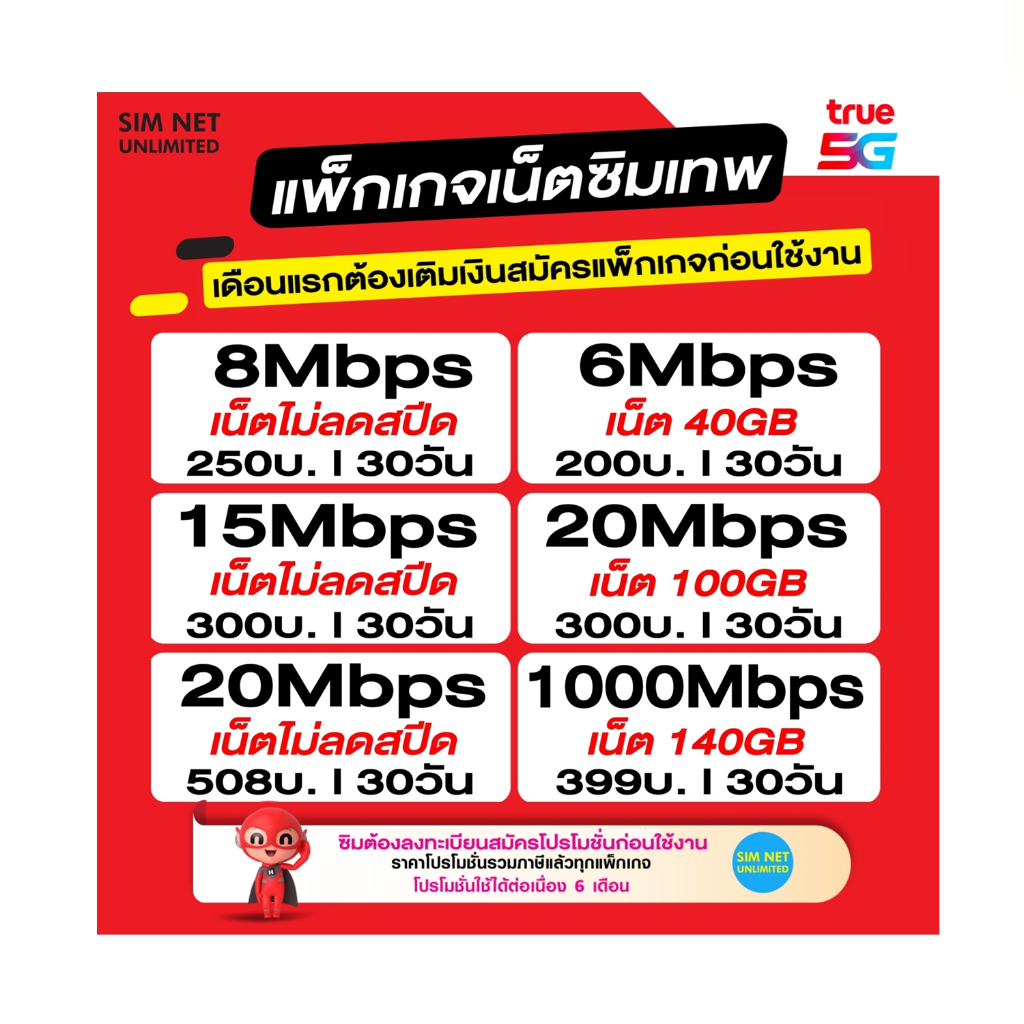 ซิมเทพ true เล่นเน็ตไม่อั้น +โทรฟรี 24ชม. ความเร็ว 6Mbps,15Mbps, 20Mbps,1000Mbps (ใช้ฟรี True wifi)