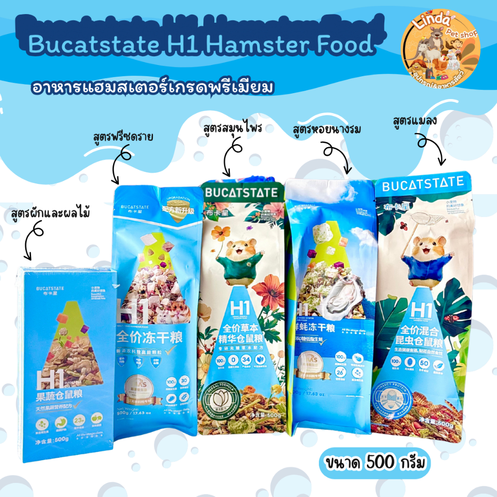 H1 Bucatstate Hamster Foodอาหารแฮมสเตอร์เกรดพรีเมียม มีให้เลือกถึง5สูตร (ขนาด500กรัม)