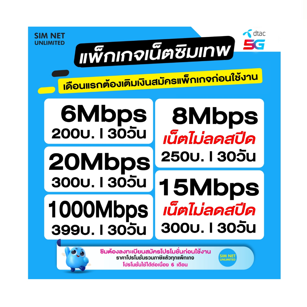 ซิมเทพ Dtac เล่นเน็ตไม่อั้น 15Mbps, 20Mbps, 30Mbps (ใช้ฟรี wifi แบบไม่จำกัด ทุกแพ็กเกจ)