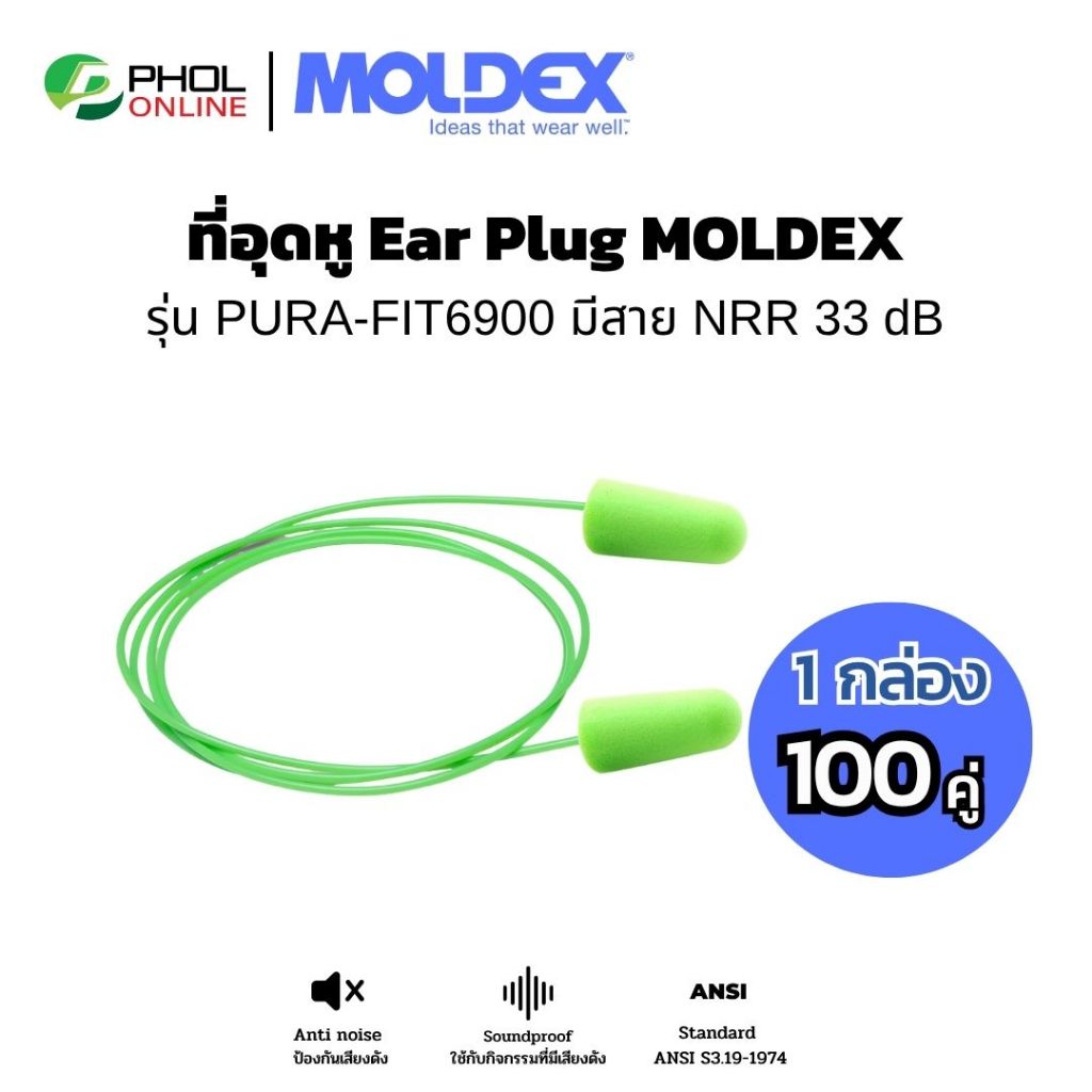 ที่อุดหู Ear Plug MOLDEX รุ่น PURA-FIT6900 มีสาย NRR 33 dB (ยกกล่อง 100คู่)
