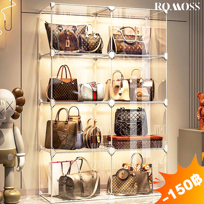 ROMO ตู้โชว์โมเดล ตู้เก็บกระเป๋า ตู้เก็บของใช้ในบ้าน กล่องโชว์โปร่งใสสุดหรู เก็บกระเป๋า แสดงผลกันฝุ่นตู้เก็บของ