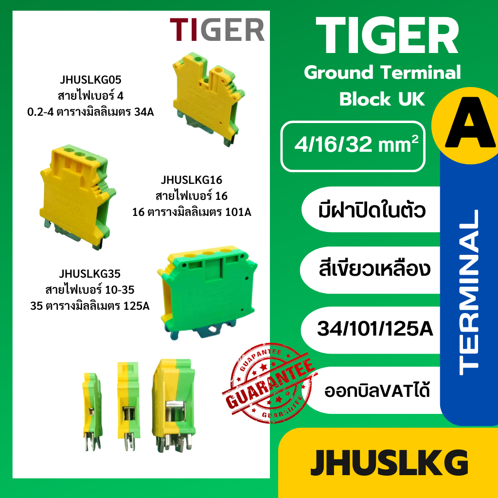 เทอร์มินอลกราวด์ สีเขียวเหลือง USLKG มีฝาปิดในตัว TERMINAL ต่อสายไฟเบอร์ 4 และ 16 เบอร์ 35 Ground Terminal USLKG-16