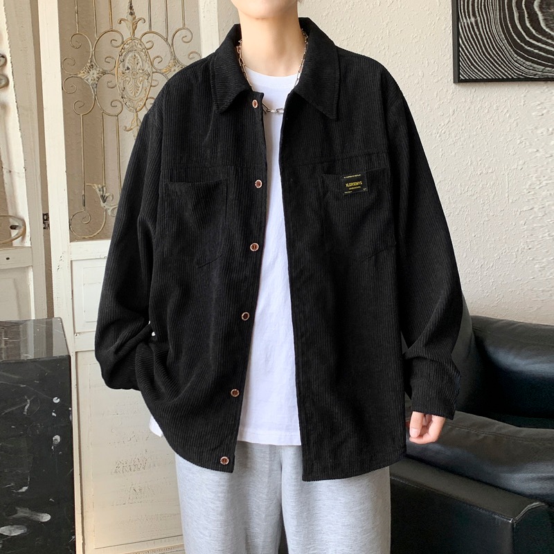 zsjt.fashion เสื้อเชิ้ตผู้ชาย แขนยาว คอปก ผ้าลูกฟูก ทรงหลวม สไตส์เกาหลี