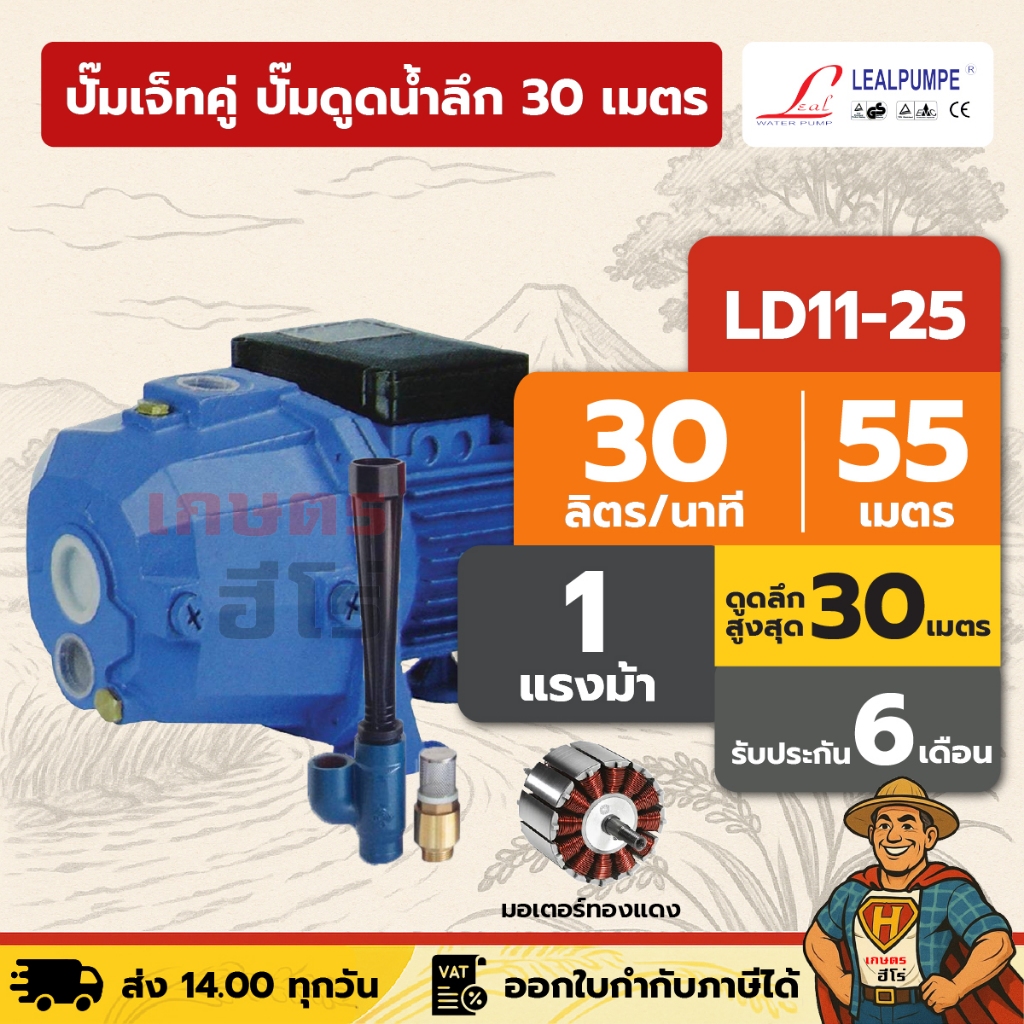 ปั๊มเจ็ทคู่ ปั๊มดูดน้ำลึก 30 เมตร | 1¼ นิ้ว 1 แรง LEAL LD-11-25 | อัตโนมัติ