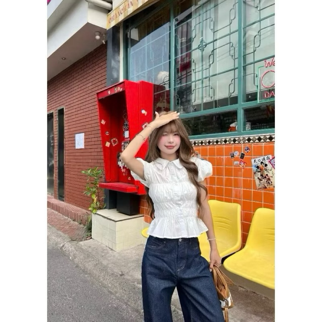 พร้อมส่งทันที เสื้อจั้มคอบัวน่ารัก เสื้อเชิ้ตคอปกจั้มช่วงเอว ดีเทลน่ารัก