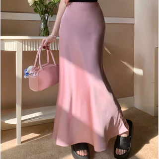 Bived S-6XL กระโปรงยาวผู้หญิง เอวสูง กระโปรงทรงหางปลา ผ้าบาง กระโปรงทรงเอ ขอบเอวซิป