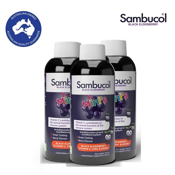 [แพ็ค x3] Sambucol Black Elderberry Mini’s Liquid 120ml แซมบูคอล แบล็ค เอลเดอร์เบอรี่ มินิส์ ชนิดน้ำ (120 มล)