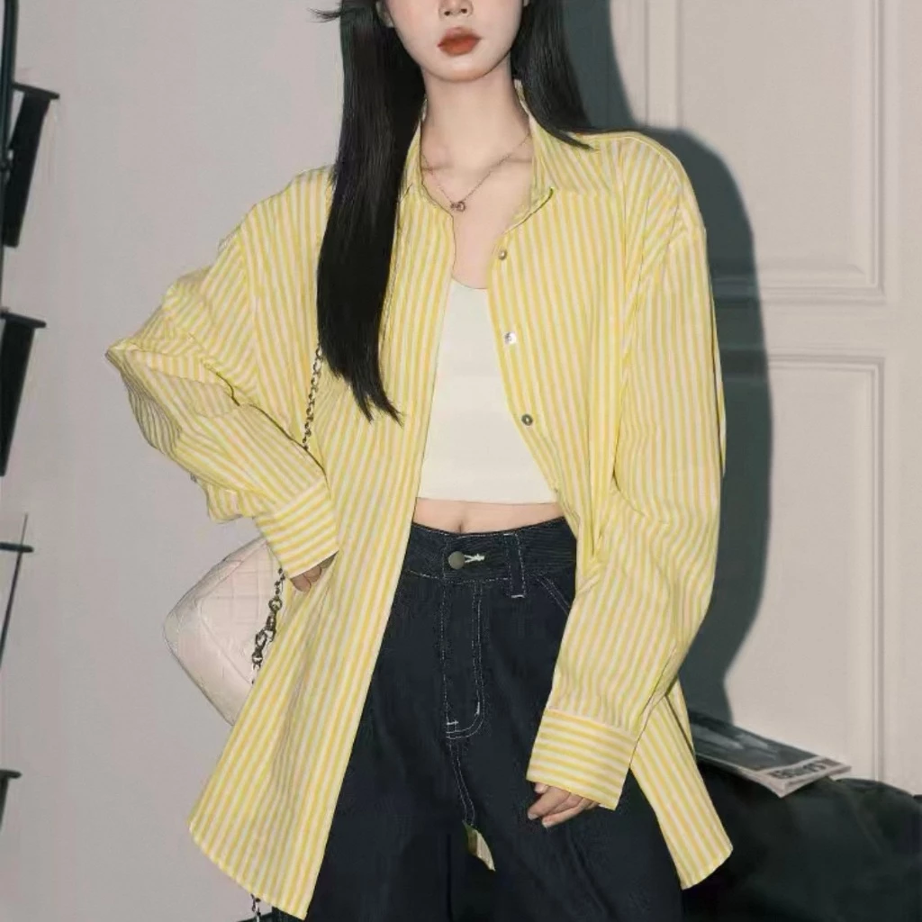 เสื้อเชิ้ตลายทาง แขนยาว ทรงหลวมๆ oversize มี 8 สี S-XXL #085