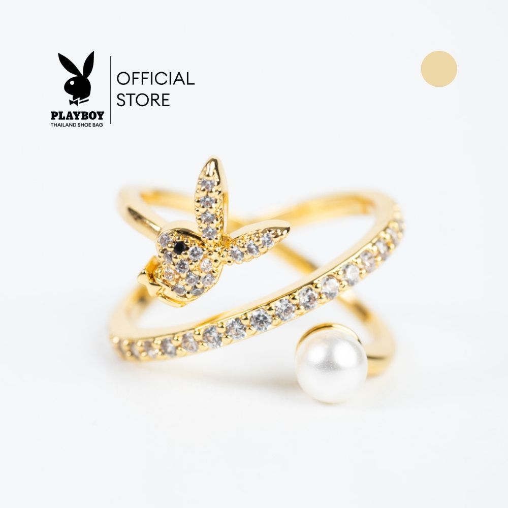 PLAYBOY เพลย์บอยเครื่องประดับแหวน ดีไซน์ ประดับมุขโลโก้กระต่ายฝังเพชร  สีทอง รุ่น ST-253R143CG