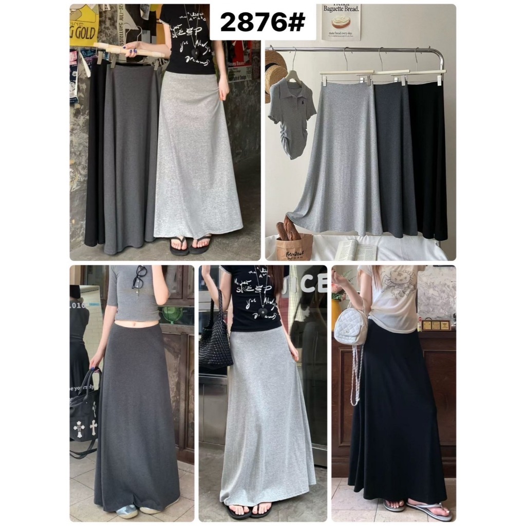 2876# กระโปรงยาวทรงสวิง งานผ้าวอร์มเนื้อผ้าทิ้งตัว พลิ้วใส่สบาย นิ่มนุ่ม เอวยางยืดเรียบหน้าหลัง