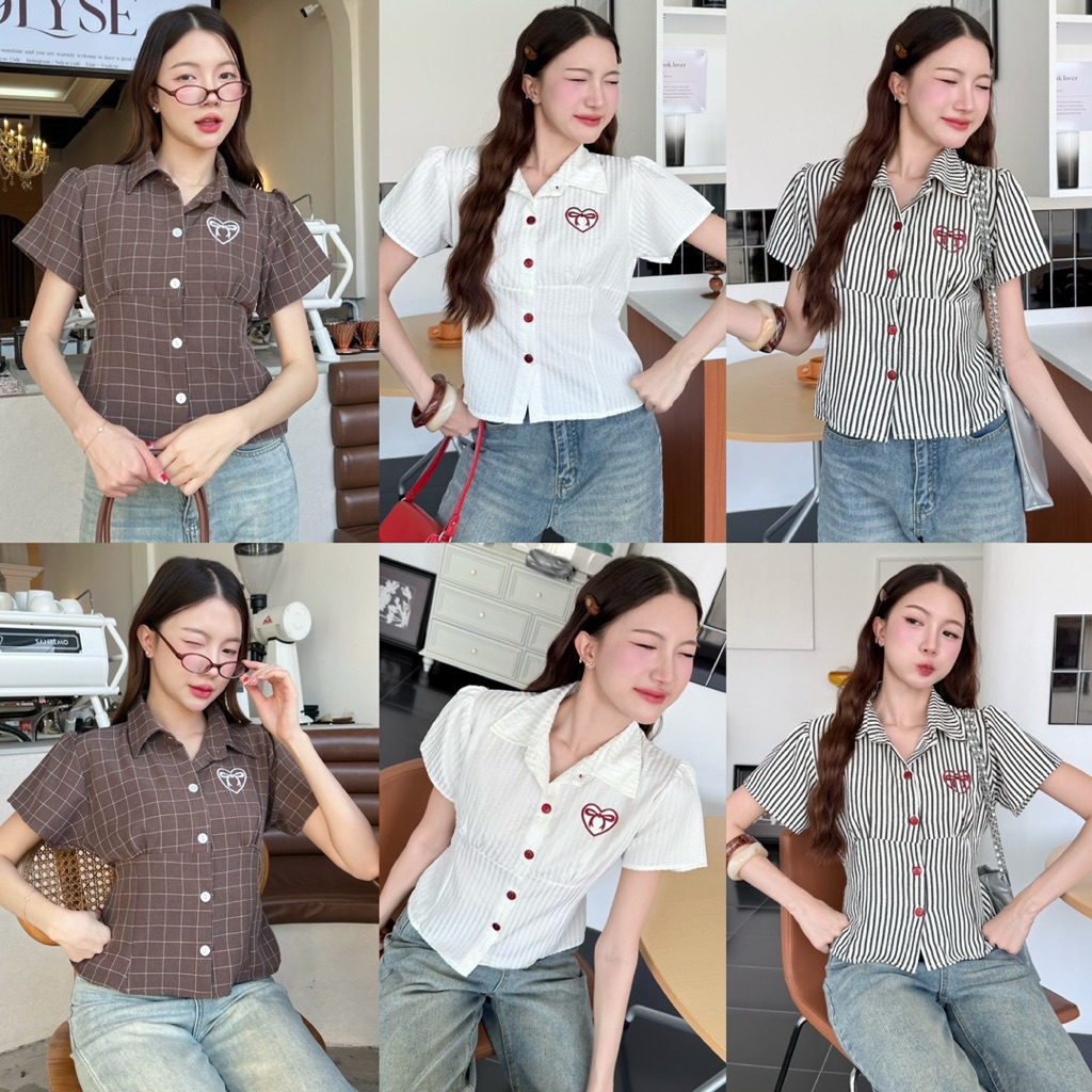 KORRA ·͜·♡เสื้อเชิ้ตคอปกลายริ้ว🤎ปักหัวใจโบว์✨ด้านหลังมีโบว์ผูกเข้ารูป งานสวยใส่แล้วน่ารักมากๆ 📸🫧