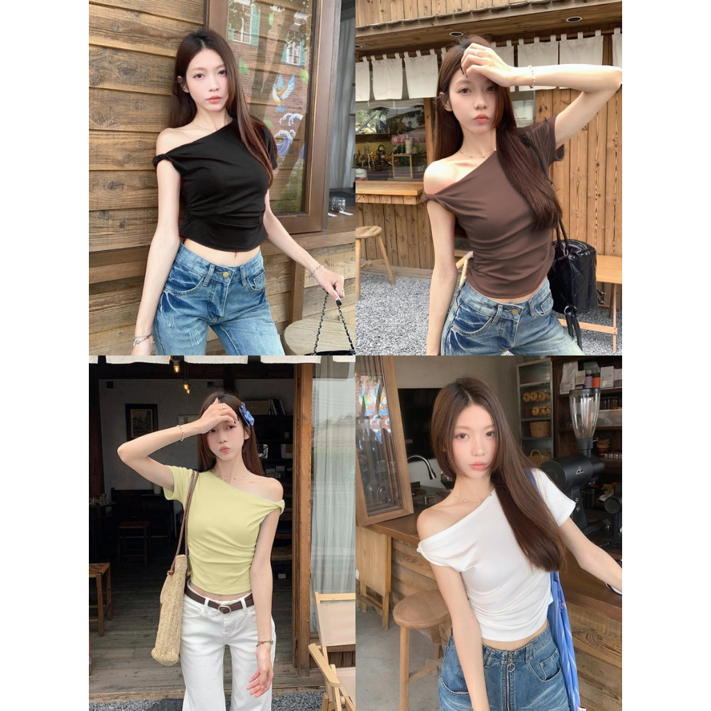 เสื้อยืด เสื้อยืดผู้หญิง เสื้อเปิดไหล่ แมทช์กับทุกสไตล์ รัดรูป สไตล์เกาหลี #22352