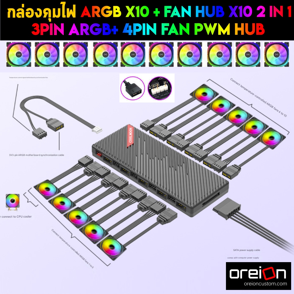 ARGB HUB Coolmoon 5V/PWM 12V Fan 2IN1 Hub RGB HUB x10 + FAN HUB x10  [พร้อมส่ง]