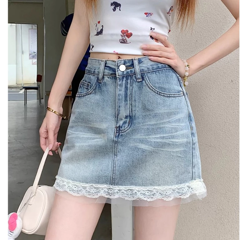 Beautified กระโปรงยีนส์สั้นหญิงขอบลูกไม้ เอวสูงคลุมสะโพก ดูผอมเพรียขายาวขึ้น เมทร์ง่ายประจำวัน