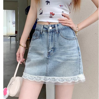 Beautified กระโปรงยีนส์สั้นหญิงขอบลูกไม้ เอวสูงคลุมสะโพก ดูผอมเพรียขายาวขึ้น เมทร์ง่ายประจำวัน