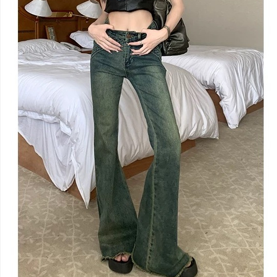 กางเกงยีนส์ขาบานขอบดิบสไตล์เรโทร สำหรับผู้หญิง เอวต่ำ สไตล์สาวฮอต ยางยืดต่อ ทรงเข้ารูป มีกระเป๋าด้านข้าง - รูปที่ 2