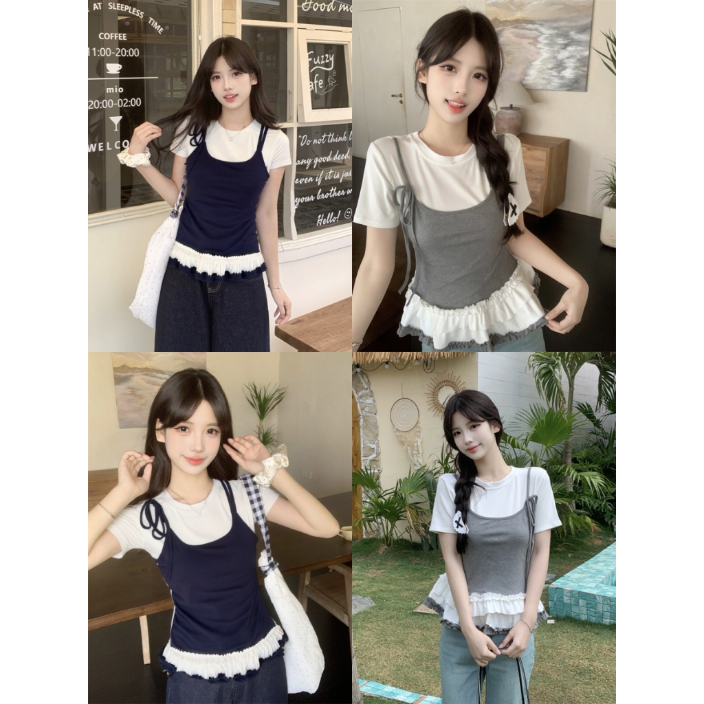 เสื้อยืด เสื้อยืดผู้หญิง เเบบ2ชิ้นติดกัน สไตล์เกาหลี ทรงสวย มีลูกไม้ #22356