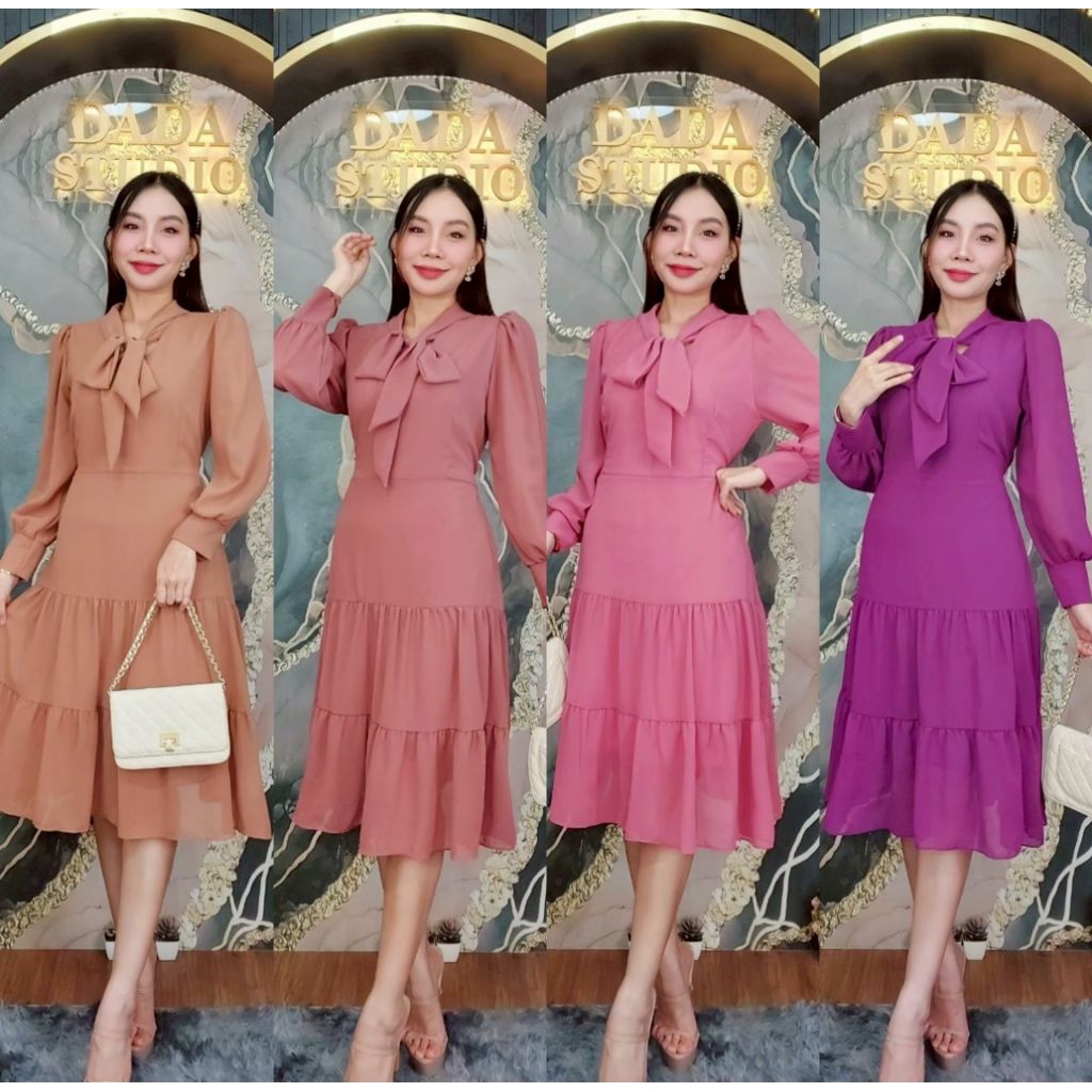 เดรสสั้นซีฟองสีพื้นผูกโบว์แขนยาวกระโปรงขนมชั้น No.436
