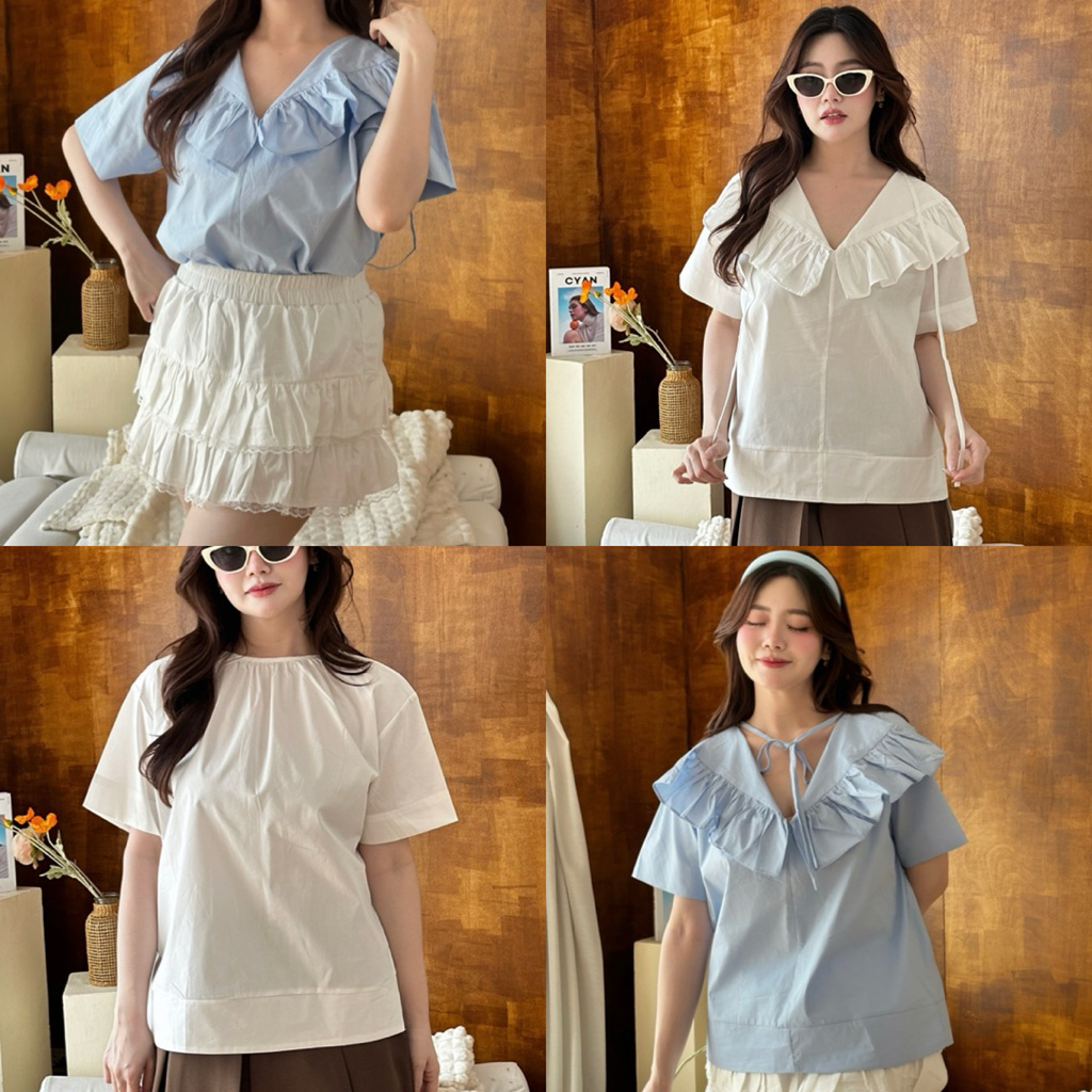 เก็บโค้ดลดในไลฟ์/หน้าแอพ HAEBIT TOP เสื้อแขนสั้นคอระบาย ใส่ได้ 2 ด้าน หน้า-หลัง