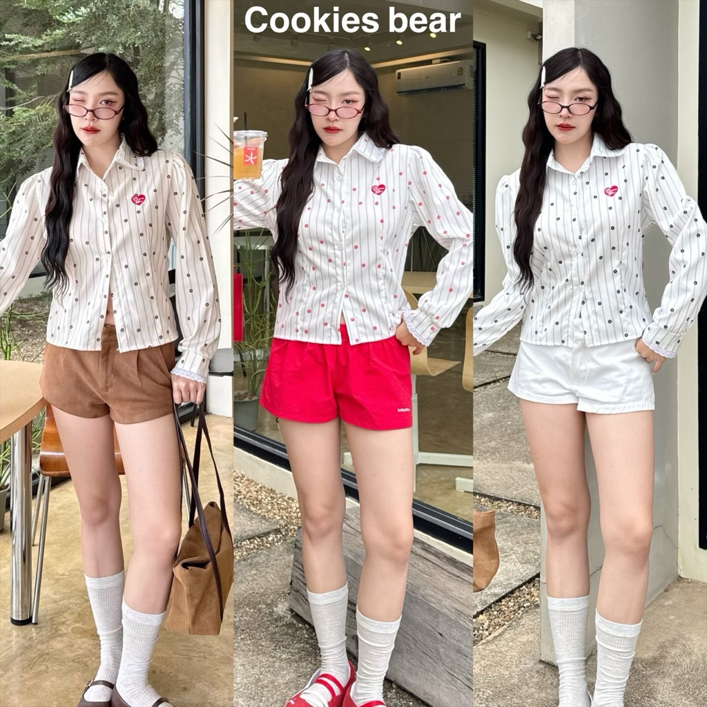 B70 - Cookies Bear 🎀 เสื้อเชิ้ตคอปกแต่งลูกไม้ ทรงแขนยาวผ้าลายริ้ว ปักหัวใจ