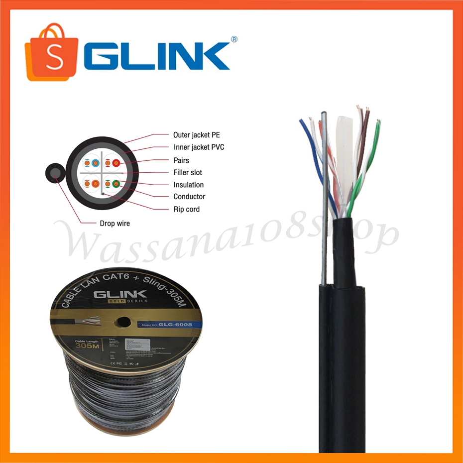 Glink GLG6008 Cable Lan Cat6 305M Outdoor สายแลนจีลิงค์ สายแลน + สลิง สำหรับใช้ภายนอก