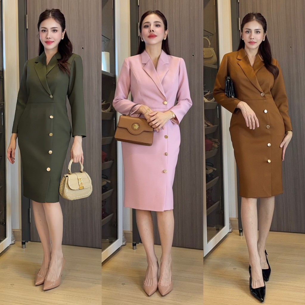 ELZ51 ชุดเดรส คอปก แขนยาว