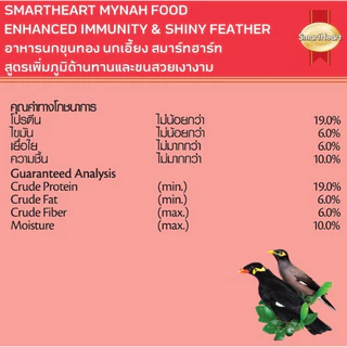 Smart heart อาหารนกขุนทอง นกเอี้ยง สูตรเพิ่มภูมิต้านทาน 400 g. แบบแพ็ค 6 ถุง
